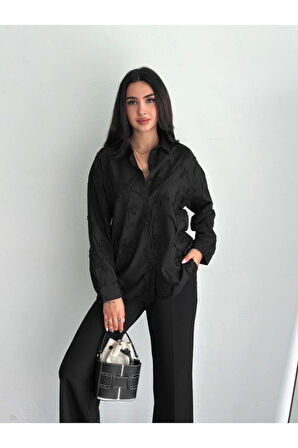 Nakışlı Uzun Kollu Gömlek - Siyah