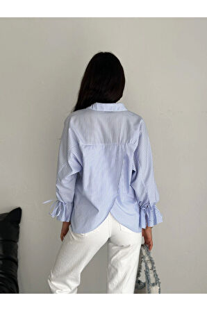 Arkası Asimetrik Yırtmaç Kesim Detaylı Cizgili Bluz Gömlek - Mavi