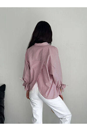 Arkası Asimetrik Yırtmaç Kesim Detaylı Cizgili Bluz Gömlek - Bordo