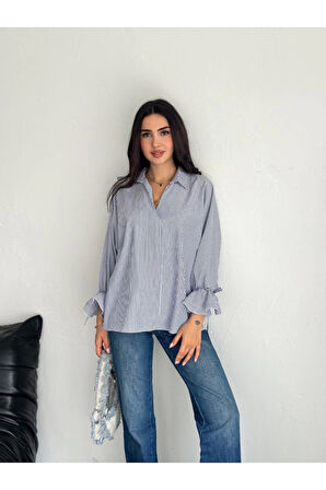 Arkası Asimetrik Yırtmaç Kesim Detaylı Cizgili Bluz Gömlek - Füme