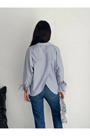 Arkası Asimetrik Yırtmaç Kesim Detaylı Cizgili Bluz Gömlek - Füme