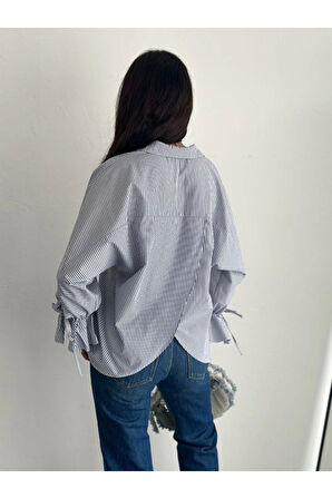 Arkası Asimetrik Yırtmaç Kesim Detaylı Cizgili Bluz Gömlek - Füme