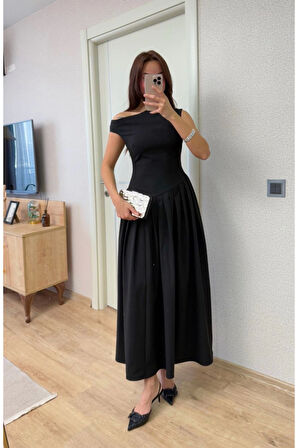 Asimetrik Düşük Yaka Kolsuz Uzun Elbise - Siyah