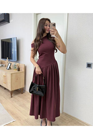 Asimetrik Düşük Yaka Kolsuz Uzun Elbise - Bordo