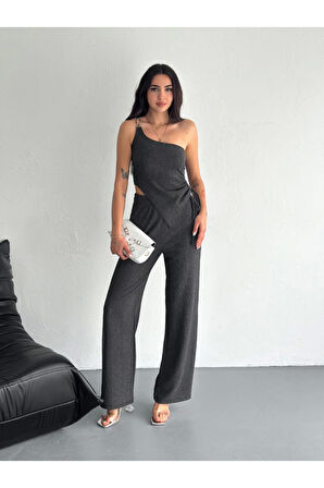 Asimetrik Crop Pantalon Ikili Takım - Füme