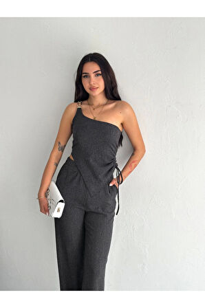 Asimetrik Crop Pantalon Ikili Takım - Füme