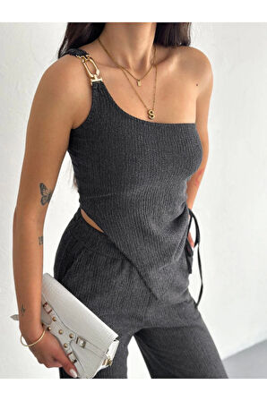 Asimetrik Crop Pantalon Ikili Takım - Füme