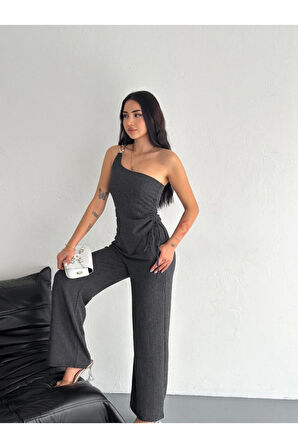 Asimetrik Crop Pantalon Ikili Takım - Füme