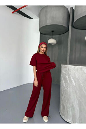 Osy Modal Yumuşak Dokulu Kumaş   Kısa Kollu Bluz Rahat Pantalon Ikili Takım- Bordo