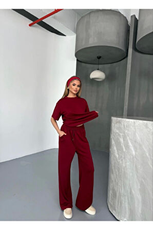 Osy Modal Yumuşak Dokulu Kumaş   Kısa Kollu Bluz Rahat Pantalon Ikili Takım- Bordo