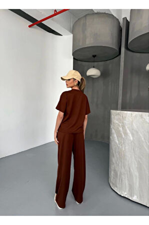 Osy Modal Yumuşak Dokulu Kumaş   Kısa Kollu Bluz Rahat Pantalon Ikili Takım- Bordo