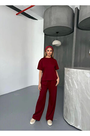 Osy Modal Yumuşak Dokulu Kumaş   Kısa Kollu Bluz Rahat Pantalon Ikili Takım- Bordo