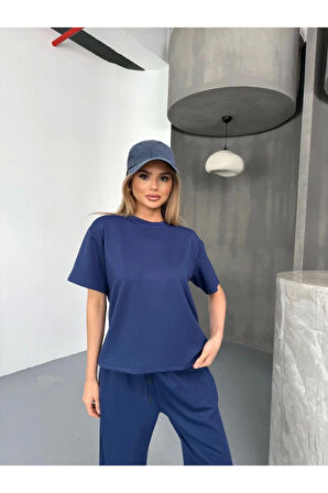 Osy Modal Yumuşak Dokulu Kumaş Kısa Kollu Bluz Rahat Pantalon Ikili Takım- Lacivert