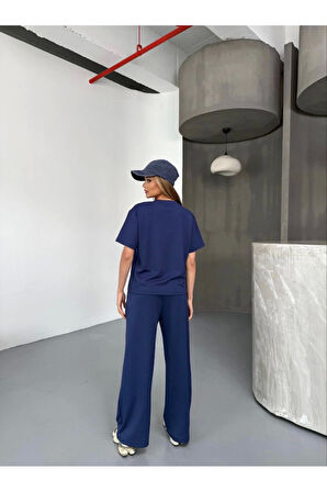 Osy Modal Yumuşak Dokulu Kumaş Kısa Kollu Bluz Rahat Pantalon Ikili Takım- Lacivert