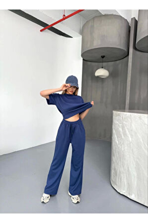 Osy Modal Yumuşak Dokulu Kumaş Kısa Kollu Bluz Rahat Pantalon Ikili Takım- Lacivert