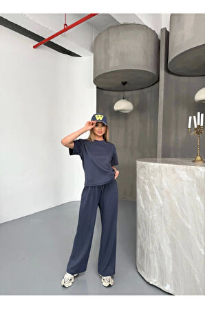 Osy Modal Yumuşak Dokulu Kumaş Kısa Kollu Bluz Rahat Pantalon Ikili Takım- Füme