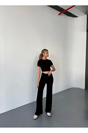 Osy Modal Yumuşak Dokulu Kumaş Kısa Kollu Crop Rahat Pantalon Ikili Takım - Siyah