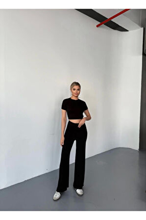 Osy Modal Yumuşak Dokulu Kumaş Kısa Kollu Crop Rahat Pantalon Ikili Takım - Siyah