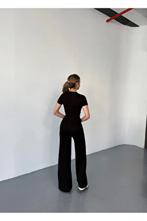 Osy Modal Yumuşak Dokulu Kumaş Kısa Kollu Crop Rahat Pantalon Ikili Takım - Siyah