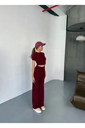 Osy Modal Yumuşak Dokulu Kumaş Kısa Kollu Crop Rahat Pantalon Ikili Takım - Bordo
