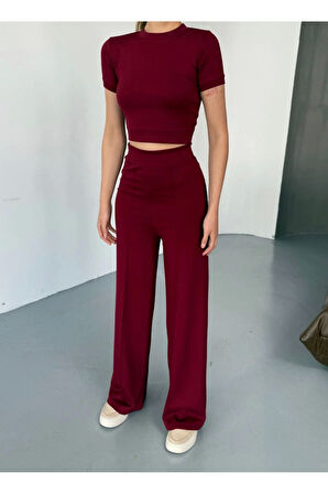 Osy Modal Yumuşak Dokulu Kumaş Kısa Kollu Crop Rahat Pantalon Ikili Takım - Bordo