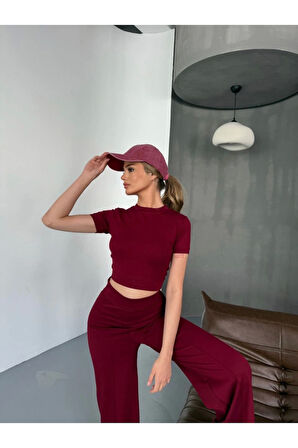 Osy Modal Yumuşak Dokulu Kumaş Kısa Kollu Crop Rahat Pantalon Ikili Takım - Bordo