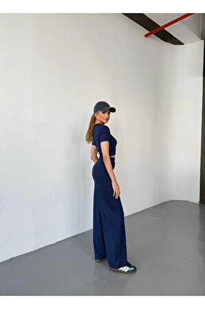 Osy Modal Yumuşak Dokulu Kumaş Kısa Kollu Crop Rahat Pantalon Ikili Takım - Lacivert