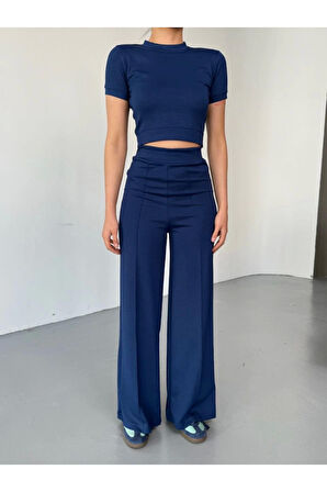 Osy Modal Yumuşak Dokulu Kumaş Kısa Kollu Crop Rahat Pantalon Ikili Takım - Lacivert