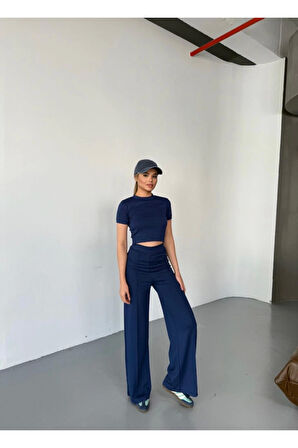 Osy Modal Yumuşak Dokulu Kumaş Kısa Kollu Crop Rahat Pantalon Ikili Takım - Lacivert