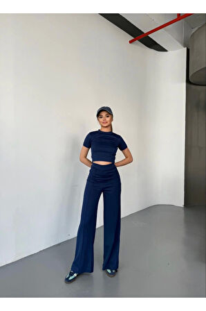 Osy Modal Yumuşak Dokulu Kumaş Kısa Kollu Crop Rahat Pantalon Ikili Takım - Lacivert