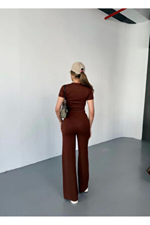 Osy Modal Yumuşak Dokulu Kumaş Kısa Kollu Crop Rahat Pantalon Ikili Takım - Kahverengi