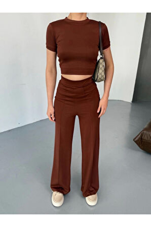 Osy Modal Yumuşak Dokulu Kumaş Kısa Kollu Crop Rahat Pantalon Ikili Takım - Kahverengi