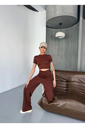 Osy Modal Yumuşak Dokulu Kumaş Kısa Kollu Crop Rahat Pantalon Ikili Takım - Kahverengi