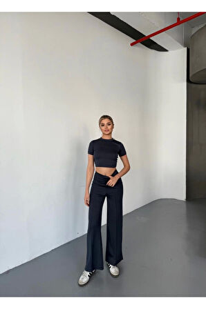 Osy Modal Yumuşak Dokulu Kumaş Kısa Kollu Crop Rahat Pantalon Ikili Takım - Füme