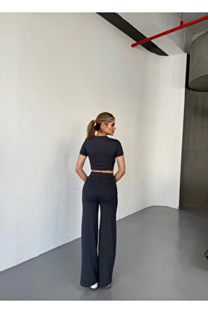 Osy Modal Yumuşak Dokulu Kumaş Kısa Kollu Crop Rahat Pantalon Ikili Takım - Füme