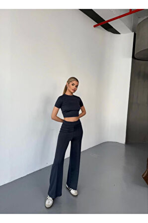 Osy Modal Yumuşak Dokulu Kumaş Kısa Kollu Crop Rahat Pantalon Ikili Takım - Füme