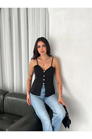 Askılı Dekolte Deraylı Bluz Crop - Siyah