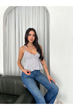 Askılı Dekolte Deraylı Crop - Beyaz