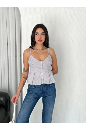 Askılı Dekolte Deraylı Crop - Beyaz