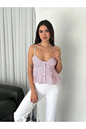 Askılı Dekolte Deraylı Crop - Kırmızı