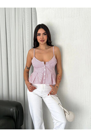 Askılı Dekolte Deraylı Crop - Kırmızı