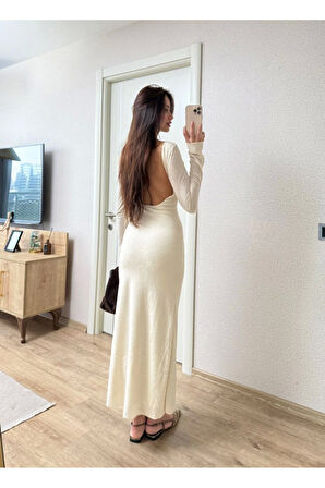 Sırt Dekolteli Uzun Kollu Elbise - Kırık Beyaz