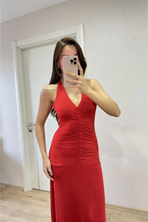 Sırt Dekolteli Uzun Kollu Elbise - Kırmızı