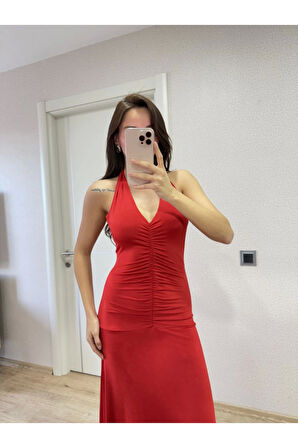 Sırt Dekolteli Uzun Kollu Elbise - Kırmızı