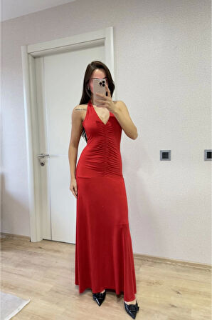 Sırt Dekolteli Uzun Kollu Elbise - Kırmızı