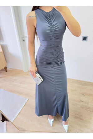 Yırtmaç Detaylı Kolsuz Elbise - Füme