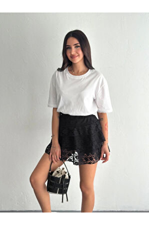 Dantel Şortlu Etek - Siyah