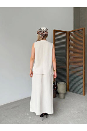 Keten Kolsuz Hırka Etek Ikili Takım- Beyaz