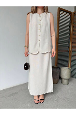 Keten Kolsuz Hırka Etek Ikili Takım- Beyaz