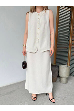 Keten Kolsuz Hırka Etek Ikili Takım- Beyaz